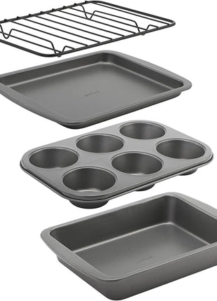GoodCook 4-Piece Nonstick Steel Toaster Oven Set with Sheet Pan, Rack, Cake Pan, and Muffin Pan, Gray, 4-Piece Set Distributes Heat Evenly, Nonstick Coating, Dishwasher-Safe