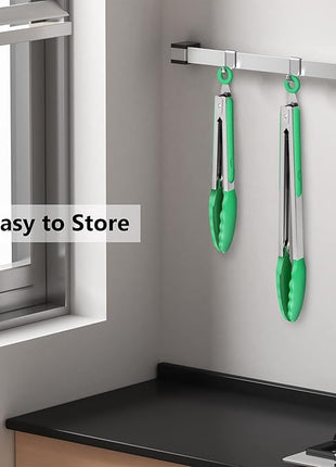 Set of 2 Kitchen Tongs, Premium Stainless Steel Locking 9-Inch & 12-Inch Silicone Grilling Barbeque Cooking Food Tong, Dark Green