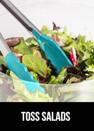 GORILLA GRIP Stainless Steel Heat Resistant Kitchen Tongs for Cooking, 9 + 12 Inch, Set of 2 BBQ Tong, Non Scratch Silicone Tip for Pan, Strong Grip, Grab Food, Salad, Air Fryer, Pull Lock, Turquoise