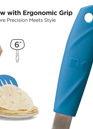 Kitchen Mama WaltzGrip Platinum Silicone Pancake Spatula Turner: Heat Resistant Flexible, Stainless Steel Core, Nonstick, Dishwasher Safe, Flipper – Ideal Kitchen Cookware for Eggs, Fish, Meat (Blue)