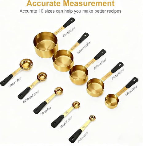 Measuring Cups and Spoons Set, Gold Electroplated Stainless Steel 10 Piece for Cooking and Baking (5 Cups + 5 Spoons Gold)