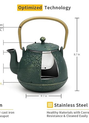 Tea Kettle, TOPTIER Japanese Cast Iron Teapot with Infuser, Leaf Design Cast Iron Tea Pot Stovetop Safe Coated with Enameled Interior for 40 Ounce (1200 ml), Dark Green
