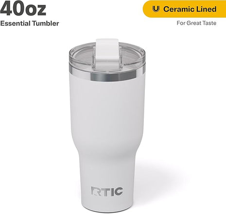 RTIC 40oz Essential Tumbler with Lid, Ceramic Lined, Insulated, Stainless Steel, Metal, Double Wall Vacuum-Insulation, Travel Cup for Iced Coffee, Tea, Hot and Cold Drink, White