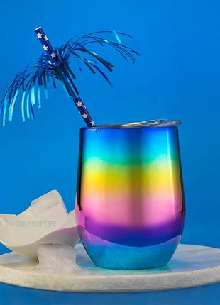 CHILLOUT LIFE 12 oz Stainless Steel Wine Tumblers 2 Pack - Double Wall Vacuum Insulated Wine Glasses Cups with Lids and Straws Set Keeping Cold & Hot for Coffee, Beer, Ice Cream - Colorful Rainbow