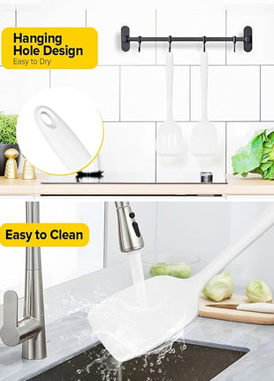 Pack of 2 Silicone Spatula Turners, Non Stick Slotted Kitchen Spatula Set, Heat Resistant BPA Free Kitchen Utensils, One-Piece Design, Suitable for Flipping Fish, Eggs, Steak, Pancakes (WHITE)