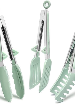 Kitchen Tongs for Cooking, 9 Inch Small Silicone Tongs, Food Grade Mini Serving Tongs with Silicone Tips, Set of 3, Green