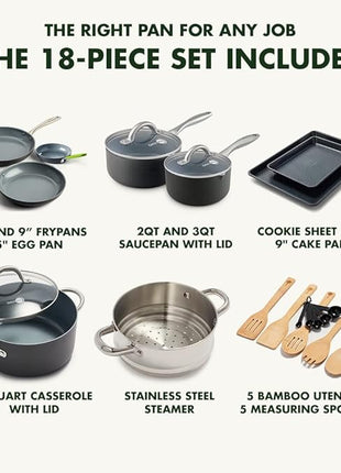 GreenPan Lima Hard Anodized Healthy Ceramic Nonstick 18 Piece Cookware Bakeware Pots and Pans Set, PFAS-Free, Oven Safe, Gray
