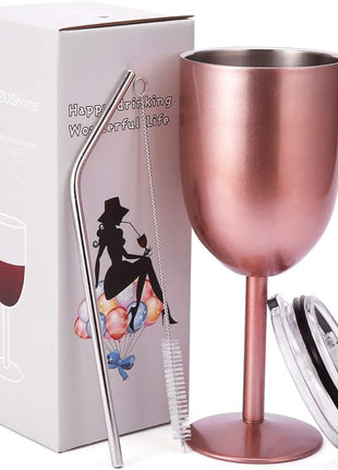 AMZUShome Stainless Steel Wine Glasses Cups.Double Walled Vacuum Insulated Wine Tumbler With Lid and Straw.Friendship,Christmas,Birthday Gifts for Women Men Friends Dad Mom(10oz Rose Gold)