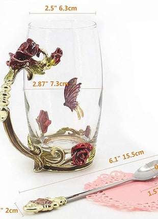 Handicraft Crystal Glass 3D Flower Cups Tea Mug With Tea Spoon Women Coffee, Tea, Juice, Beer, Milk Hot And Cold Drinks Use Gift Package. (Red Rose-Tal)