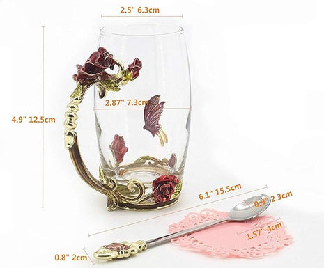 Handicraft Crystal Glass 3D Flower Cups Tea Mug With Tea Spoon Women Coffee, Tea, Juice, Beer, Milk Hot And Cold Drinks Use Gift Package. (Red Rose-Tal)