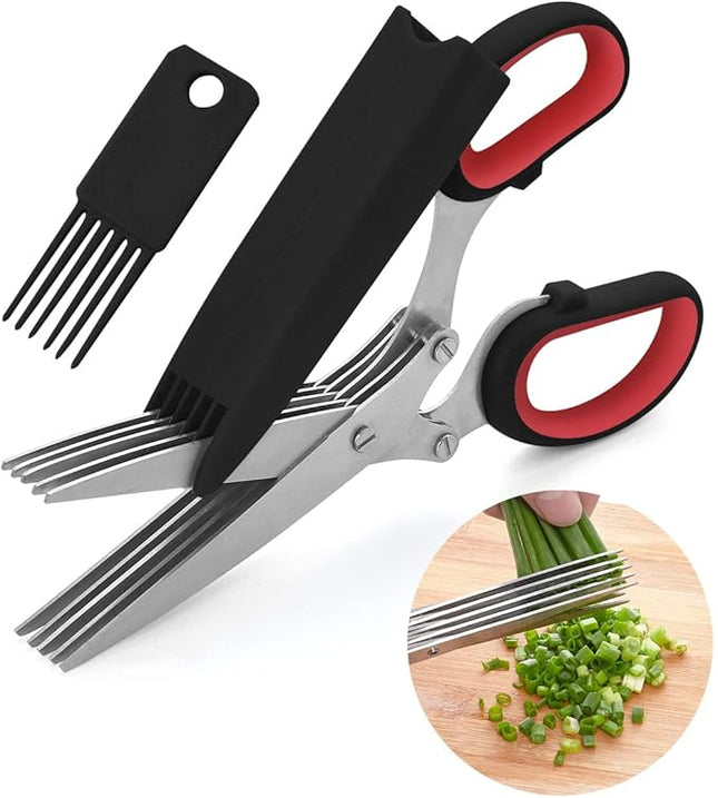 LHS Herb Scissors, Multipurpose 5 Blade Kitchen Herb Shears with Safety Cover, Kitchen Scissors for Chopping Basil Chive Parsley -Black