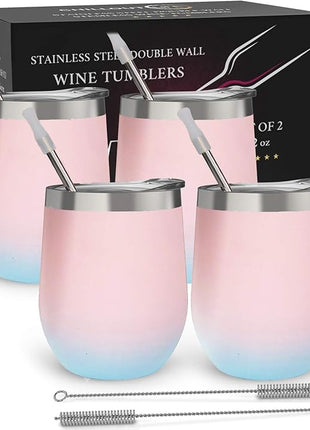 CHILLOUT LIFE 12 oz Stainless Steel Wine Tumblers 4 Pack - Double Wall Vacuum Insulated Wine Glasses Cups with Lids and Straws Set Keeping Cold & Hot for Coffee, Beer, Ice Cream - Powder Coated