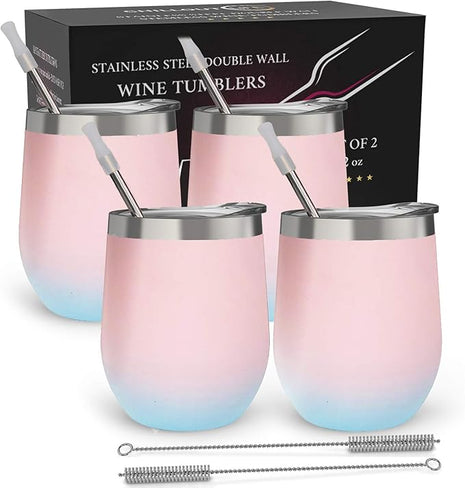 CHILLOUT LIFE 12 oz Stainless Steel Wine Tumblers 4 Pack - Double Wall Vacuum Insulated Wine Glasses Cups with Lids and Straws Set Keeping Cold & Hot for Coffee, Beer, Ice Cream - Powder Coated