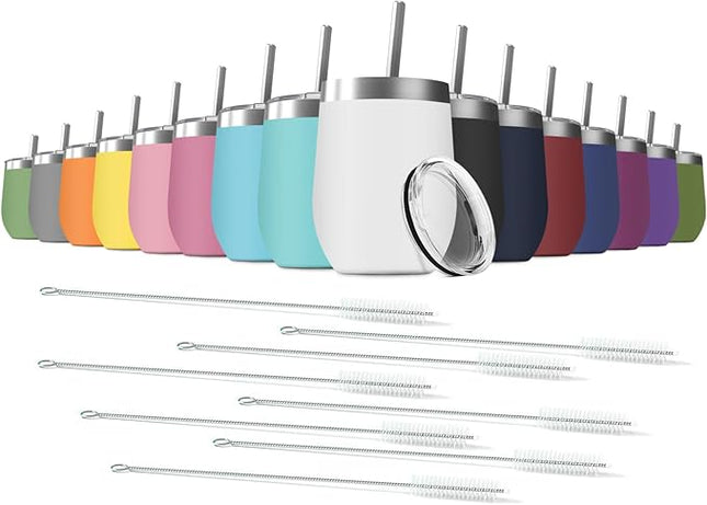 12oz Wine Tumbler with Lid With straw Stainless Steel Wine Tumbler Cups Double Wall Vacuum Insulated Travel Mugs Stemless Cup 16 Pack