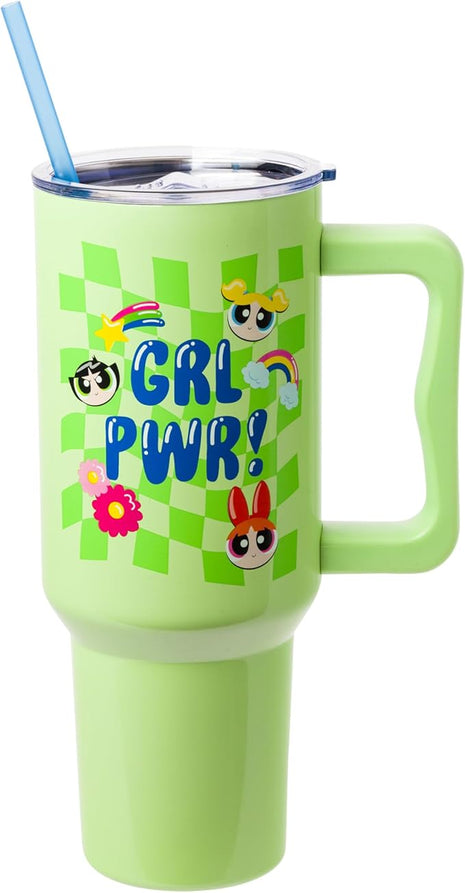 Silver Buffalo Powerpuff Girls Girl Power Groovy Retro Featuring Blossom, Bubbles, and Buttercup Stainless Steel Tumbler with Handle and Straw, Fits in Standard Cup Holder, 40 Ounces