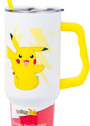 Silver Buffalo Pokémon Stainless Steel Tumbler with Handle Featuring Pikachu, Fits in Standard Cup Holder, 40 Ounces