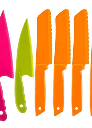 JOVITEC 8 Pcs Kid Cooking Kitchen Knife Set, Plastic Serrated Edges Children's Safe Chef Nylon Knives for Cutting Fruit Bread Cake Salad Lettuce Kids Cooking Supply(Orange Square Knife)