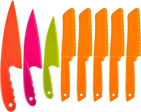 JOVITEC 8 Pcs Kid Cooking Kitchen Knife Set, Plastic Serrated Edges Children's Safe Chef Nylon Knives for Cutting Fruit Bread Cake Salad Lettuce Kids Cooking Supply(Orange Square Knife)