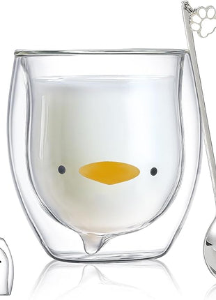 Duck Mug Cute Mugs Glass Double Wall Insulated Glass Espresso Cup, Coffee Cup, Tea Cup, Milk Cup,Kawaii Gift for Office and Personal Birthday Christmas (Duck)