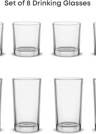 JoyJolt Alain Drinking Glasses Set of 8 Glass Tumblers. Highball 14oz Bar Glasses and Lowball 10oz Rocks Glasses Set. Cocktail, Juice, Whiskey Glasses or Water Glasses. Kitchen or Bar Glassware Set