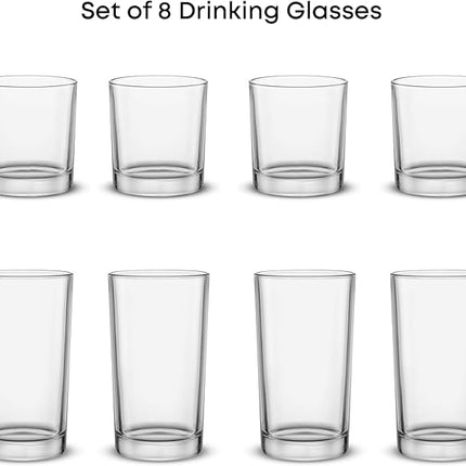 JoyJolt Alain Drinking Glasses Set of 8 Glass Tumblers. Highball 14oz Bar Glasses and Lowball 10oz Rocks Glasses Set. Cocktail, Juice, Whiskey Glasses or Water Glasses. Kitchen or Bar Glassware Set