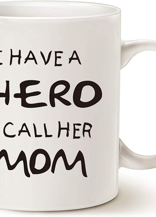 Coffee Mug, Ceramic Hero Mom Mug, Funny Best Mother's Day and Birthday Gift, 14 fl oz, White