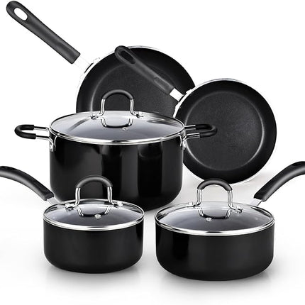 Cook N Home Pots and Pans Nonstick Kitchen Cookware Sets include Saucepan Frying Pan Stockpots 8-Piece, Heavy Gauge, Stay Cool Handle, Black