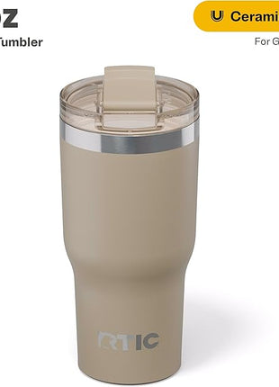 RTIC 20oz Essential Tumbler with Lid, Ceramic Lined, Insulated, Stainless Steel, Metal, Double Wall Vacuum-Insulation, Travel Cup for Iced Coffee, Tea, Hot and Cold Drink, Beach