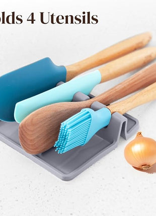 Silicone Spoon Rest for Stove Top with Drip Pad (2 Pack) - Heat Resistant BPA Free Utensil Rest & Kitchen Spoon Holder for Kitchen Counter - Grill Countertop - Spatula Holder, Tongs, Ladle - Gray