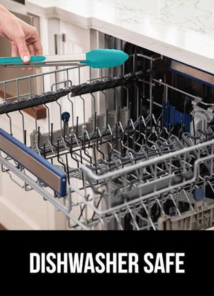 GORILLA GRIP Stainless Steel Heat Resistant Kitchen Tongs for Cooking, Set of 2 BBQ Tong, Non Scratch Silicone Tip for Pans, Strong Grip, Grab Food, Salad, Air Fryer, Pull Lock, 7 + 9 Inch, Turquoise