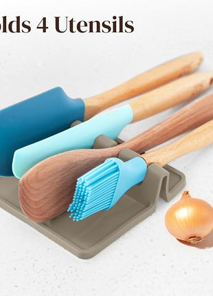 Cream Silicone Spoon Rest for Stove Top with Drip Pad (Two Pack) - Heat-Resistant, BPA-Free Utensil Rest & Spoon Holder for Kitchen Counter - Grill Utensil Holder for Spatulas, Tongs, Ladles