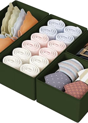 DIMJ Drawer Organizers Clothes, Set of 4 Dresser Organizer Bins, Fabric Closet Organizers and Storage, Shallow Drawer Dividers for Nursery, Clothing, Baby Clothes, Socks, Underwears, Tie (Green)