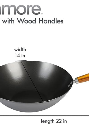 Kenmore Hammond 14-Inch Flat Bottom Carbon Steel Wok, Black, Durable Non-Stick Stir Fry Pan for Gas and Electric Stovetops
