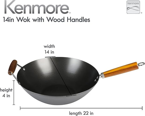 Kenmore Hammond 14-Inch Flat Bottom Carbon Steel Wok, Black, Durable Non-Stick Stir Fry Pan for Gas and Electric Stovetops