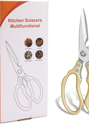 CGBE Kitchen Scissors All Purpose Heavy Duty, Ultra Sharp Stainless Steel Kitchen Shears Dishwasher Safe, Cooking Shears for Chicken, Poultry, Fish, Meat, Herbs & Grapes with Non-Slip Grips - Gold