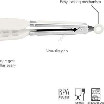 Tovolo Waffle Tongs Mini Silicone Kitchen Tongs for Cooking Serving Flat Stainless Steel Small Tongs with Silicone Tips for Salads Belgian Waffles Air Fryer Appetizers Dishwasher Safe White