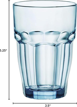 Bormioli Rocco Rock Bar 12.5 oz. Long Drink Stackable Tempered Beverage Glasses for Cold Drinks, Water, and Cocktails, Set of 6, Ice Blue