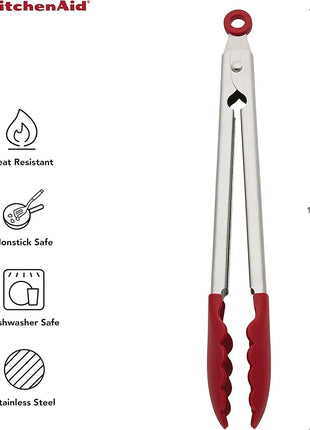 KitchenAid Silicone Stainless Steel Tongs, 12 Inch, Red
