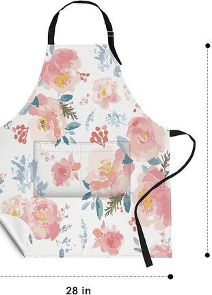 Britimes Apron Home Kitchen Cooking Baking Gardening for Women Men With Pockets Romantic Floral Flower Rose Pink 32x28 inch