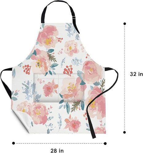 Britimes Apron Home Kitchen Cooking Baking Gardening for Women Men With Pockets Romantic Floral Flower Rose Pink 32x28 inch
