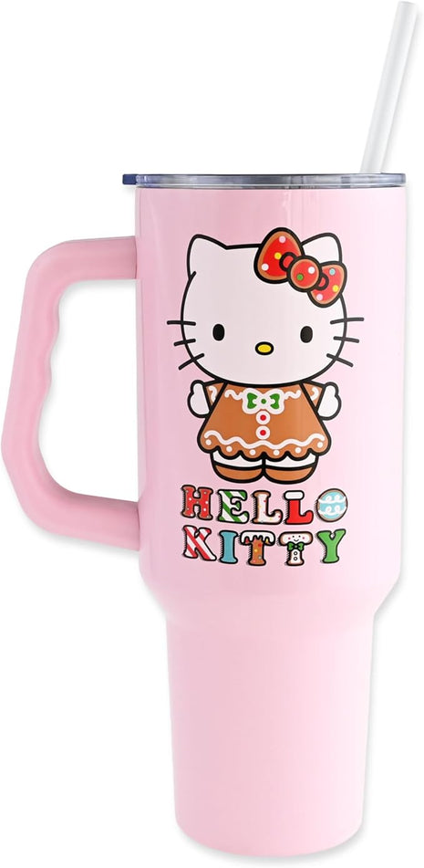 Silver Buffalo Sanrio Hello Kitty Holiday Gingerbread Dress Stainless Steel Tumbler with Handle, Fits in Standard Cup Holder, 40 Ounces