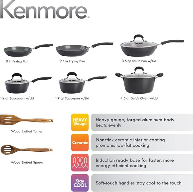 Kenmore Arlington Healthy Nonstick Ceramic Coated Forged Aluminum Induction Cookware, 12-Piece, Black Exterior/Grey Interior