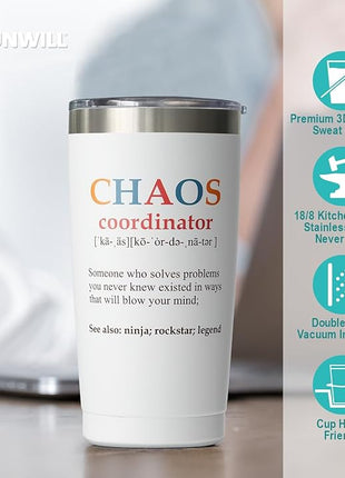 SUNWILL Coffee Tumbler with Lid, Christmas Gifts for Women, Stainless Steel Insulated Mug, CHAOS Coordinator Cups for Birthday, Thank you, Graduation - 20 oz Snow White