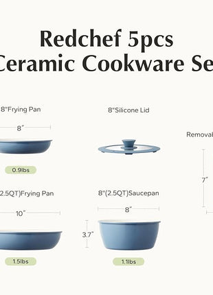 Redchef Ceramic Cookware Set, Removable Handle Pots and Pans Non-Stick, Rv Cookware Set, Non-Toxic Pots and Pans Set No PFAS, PTFE, PFOA, Detachable Pots and Pans, Dishwasher & Oven Safe(Blue)