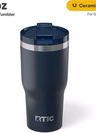 RTIC 30oz Essential Tumbler with Lid, Ceramic Lined, Insulated, Stainless Steel, Metal, Double Wall Vacuum-Insulation, Travel Cup for Iced Coffee, Tea, Hot and Cold Drink, Navy