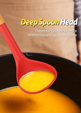 Silicone Pasta Fork and Ladle Spoon Set with Wooden Handle, Heat Resistant Non Stick Kitchen Utensils for Cooking, Stirring, Serving Spaghetti, Soup, Sauce(RED)