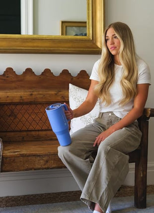 HydroJug Traveler - 32 oz Water Bottle with Handle & Flip Straw - Fits in Cup Holder, Leak Resistant Tumbler-Reusable Insulated Stainless Steel & Rubber Base - Gifts for Women & Men, Light Blue