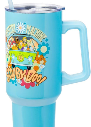 Silver Buffalo Scooby Doo Mystery Machine Featuring Shaggy, Velma, Fred and Daphne Stainless Steel Tumbler with Handle and Straw, Fits in Standard Cup Holder, 40 Ounces