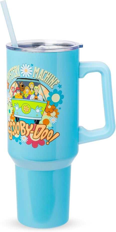 Silver Buffalo Scooby Doo Mystery Machine Featuring Shaggy, Velma, Fred and Daphne Stainless Steel Tumbler with Handle and Straw, Fits in Standard Cup Holder, 40 Ounces
