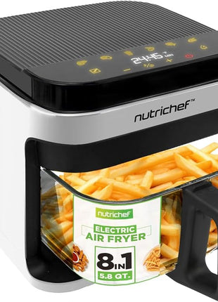 Nutrichef 5.8 Quart Air Fryer | 8-1 Preset Cook Modes | Transparent Fry Bowl for Best Cooking Results | Cook Shrimp, Steak, Fries, Wings, Chicken & More | Precise Temperature Control & Time | White